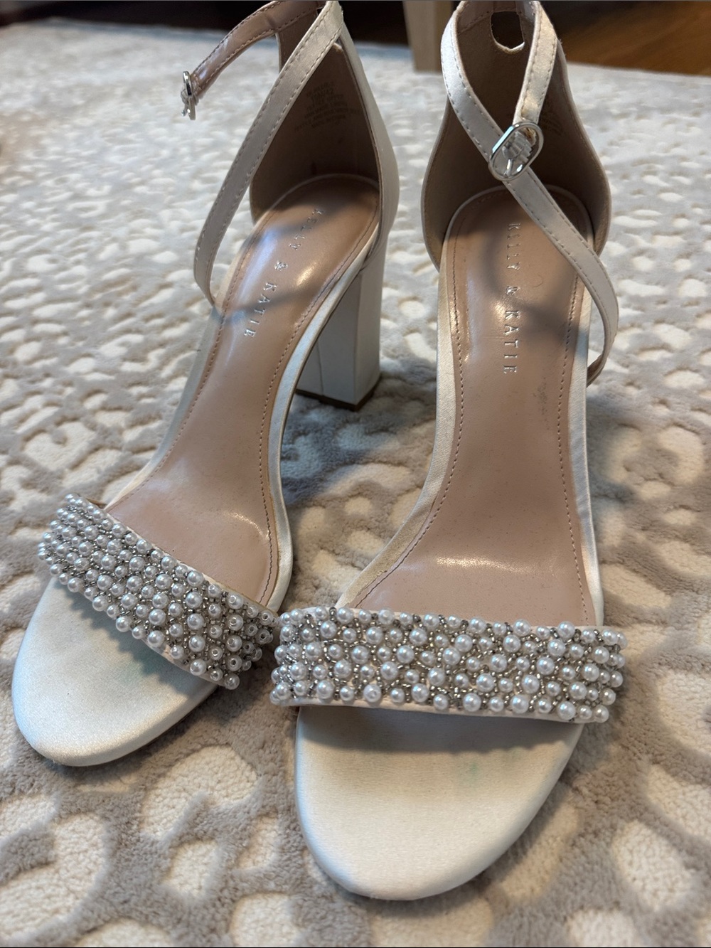 Kelly & Katie Beaded Pearl Strap Block Heels - Ivory size 10
